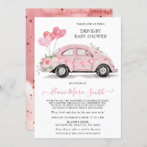 Drive by Baby Shower Watercolor Floral Pink Car Invitation