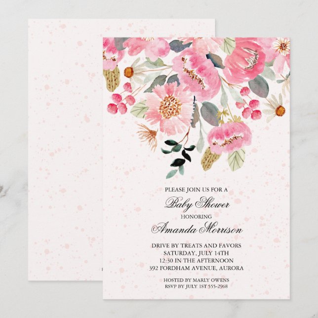 Drive By Baby Shower Watercolor Flowers Invitation (Front/Back)