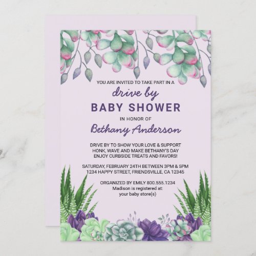 Drive By Baby Shower Watercolor Succulents Invitation