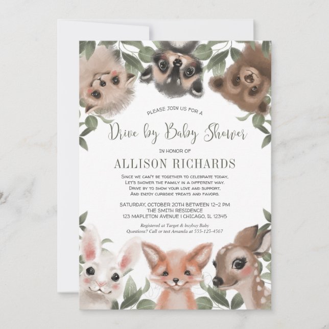 Drive by baby shower woodland animals greenery invitation (Front)