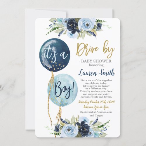 Drive by balloons baby shower boy invitation