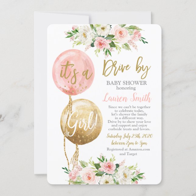 Drive by balloons baby shower girl invitation (Front)