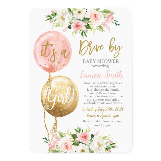 Drive by balloons baby shower girl invitation