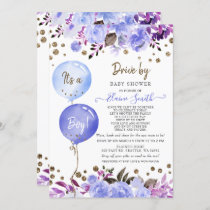 Drive by Balloons Blue Floral Boy Baby Shower Invitation