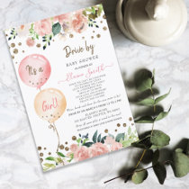 Drive by Balloons Pink Floral Girl Baby Shower Invitation