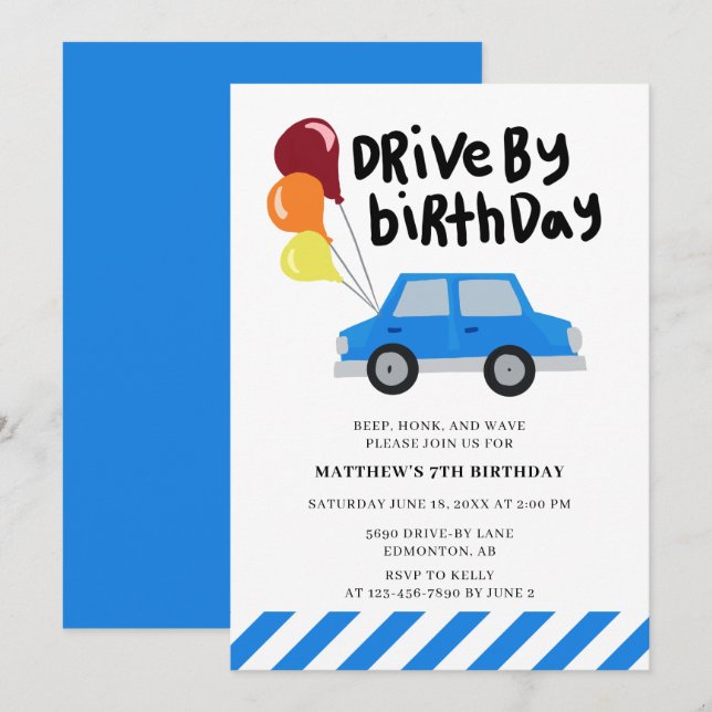 Drive-by Birthday Cute Blue Car Balloons Simple Invitation (Front/Back)