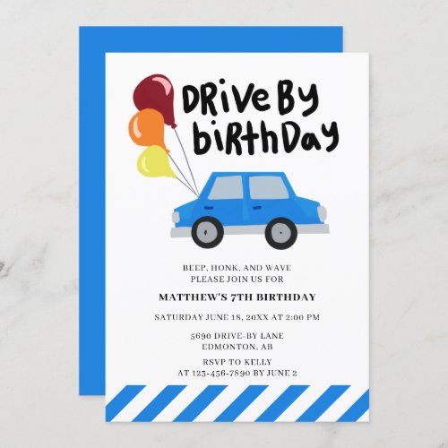 Drive_by Birthday Cute Blue Car Balloons Simple Invitation