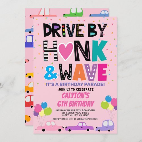 Drive By Birthday Parade For Girl Colorful Cars Invitation