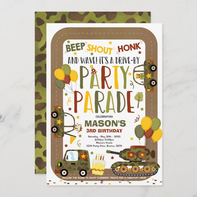 Drive By Birthday Parade Invitation Army Tankers (Front/Back)