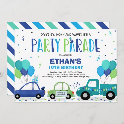 Drive By Birthday Parade Invitation Blue Parade