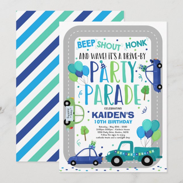 Drive By Birthday Parade Invitation Blue Parade (Front/Back)