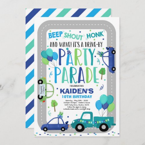 Drive By Birthday Parade Invitation Blue Parade