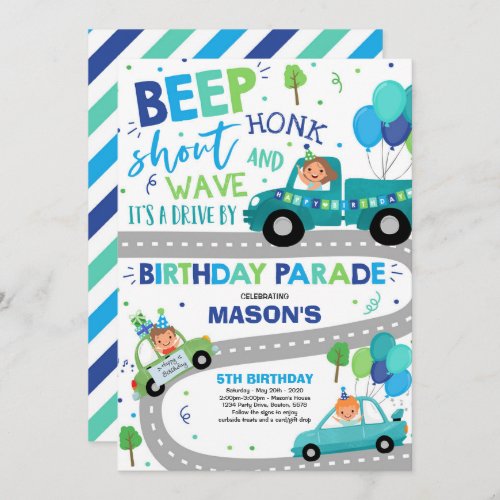 Drive By Birthday Parade Invitation Blue Parade