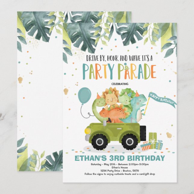 Drive By Birthday Parade Invitation Dinosaur Party (Front/Back)