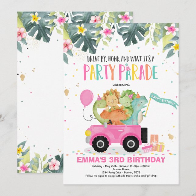 Drive By Birthday Parade Invitation Dinosaur Party (Front/Back)