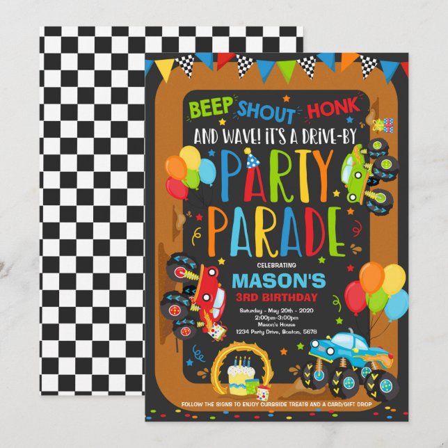 Drive By Birthday Parade Invitation Monster Trucks (Front/Back)