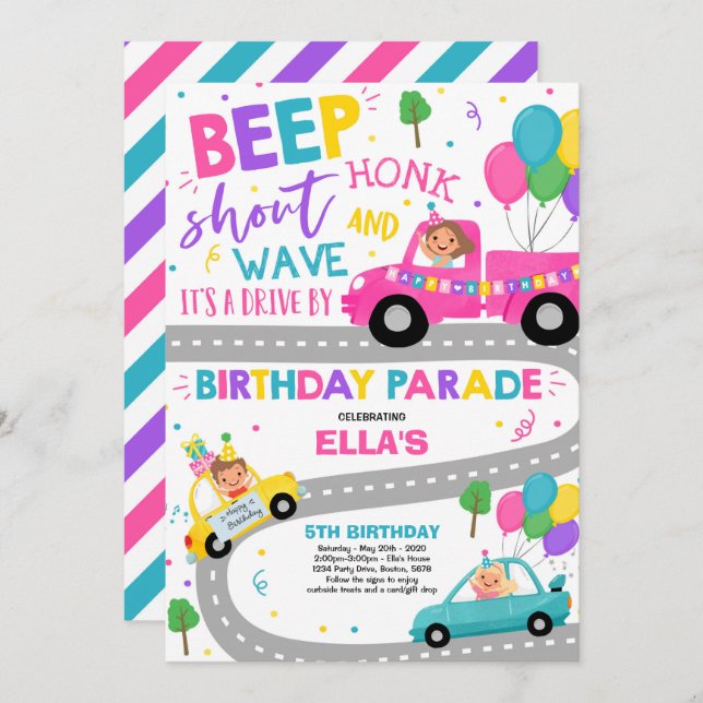 Drive By Birthday Parade Invitation Pink Parade (Front/Back)