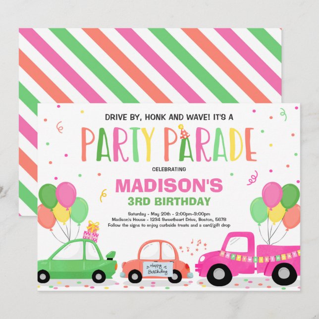 Drive By Birthday Parade Invitation Pink Parade (Front/Back)