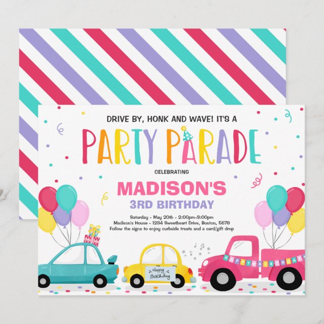 Drive By Birthday Parade Invitation Pink Parade (Front/Back)