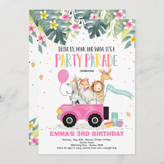 Drive By Birthday Parade Invitation Safari Party (Front/Back)