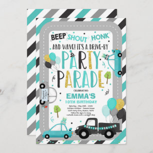 Drive By Birthday Parade Invitation Teal Parade