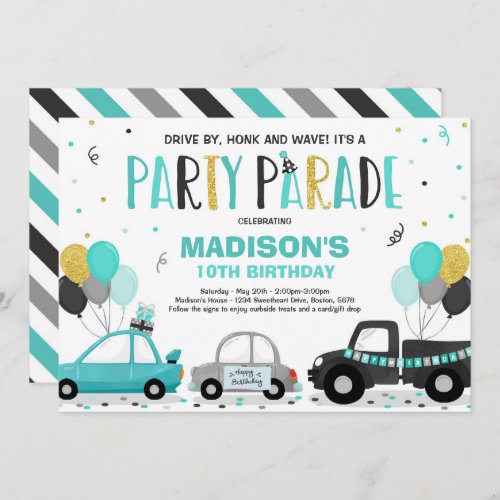 Drive By Birthday Parade Invitation Teal Parade