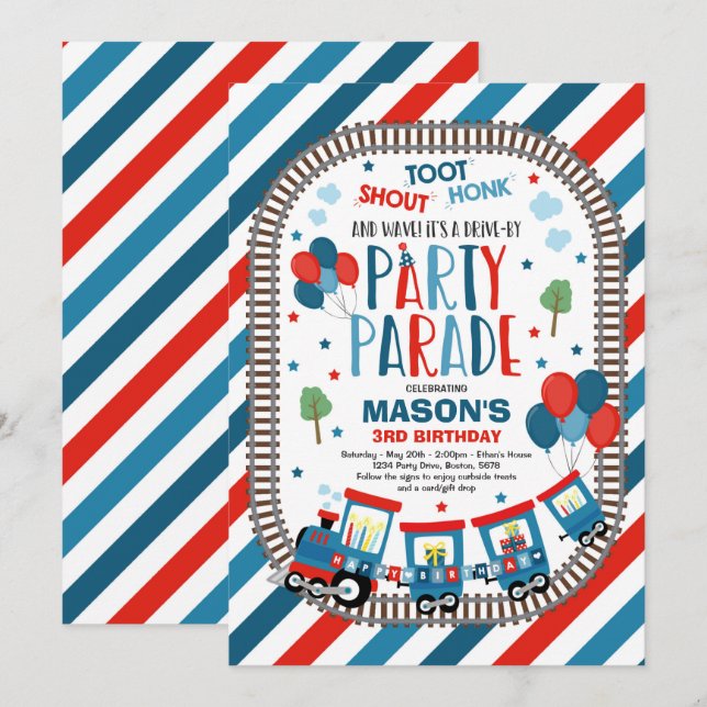 Drive By Birthday Parade Invite Choo Choo Train (Front/Back)