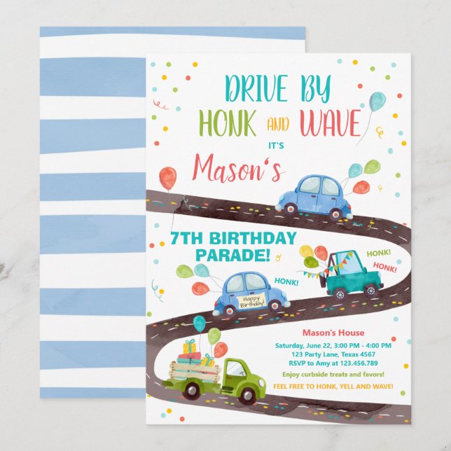 Drive By Birthday Parade Party Blue Drive Through Invitation (Front/Back)