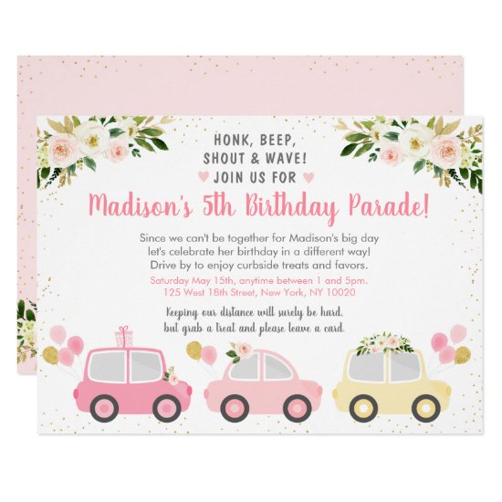 Drive By Birthday Parade Pink Floral Invitation