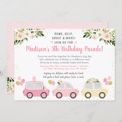 Drive By Birthday Parade Pink Floral Invitation