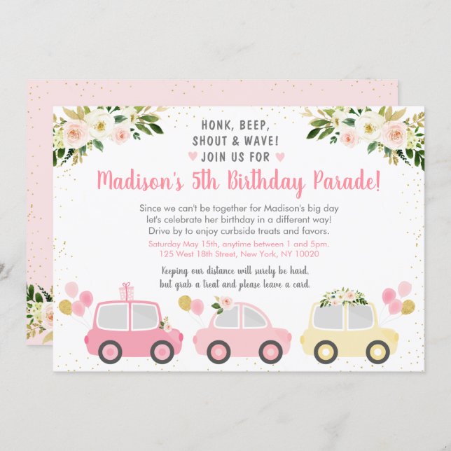 Drive By Birthday Parade Pink Floral Invitation (Front/Back)