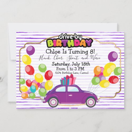 Drive By Birthday Parade Purple Car Party Girl Invitation