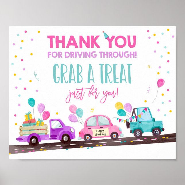 Drive By Birthday Party Girl Grab a Treat Sign (Front)