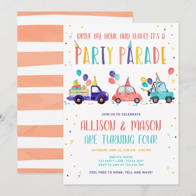 Drive By Birthday Party Parade Twins Drive Through Invitation (Front/Back)