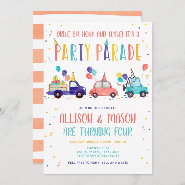 Drive By Birthday Party Parade Twins Drive Through Invitation (Front/Back)