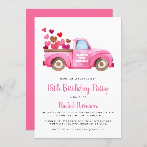 Drive By Birthday Party Pink Retro Truck Hearts Invitation