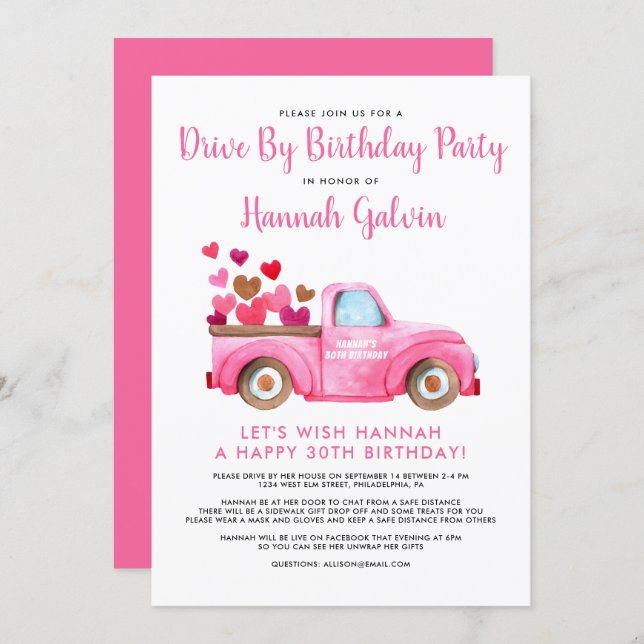 Drive By Birthday Party Truckload of Hearts Love Invitation (Front/Back)