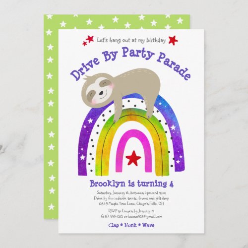 Drive By Birthday Sloth Kawaii Boho Rainbow Modern Invitation