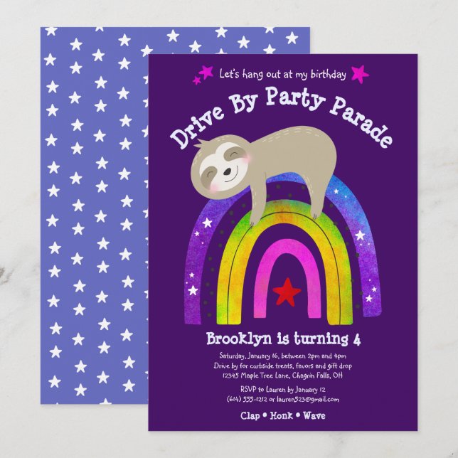 Drive By Birthday Sloth Modern Kawaii Boho Rainbow Invitation (Front/Back)