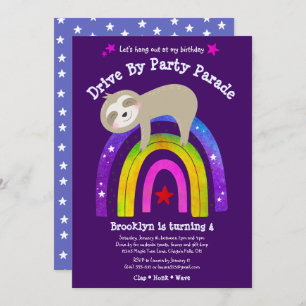 Drive By Birthday Sloth Modern Kawaii Boho Rainbow Invitation