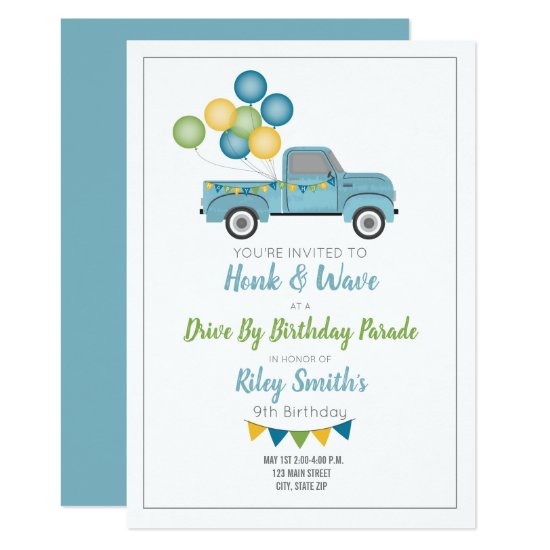 Drive By Birthday Social Distance Blue Truck Invitation