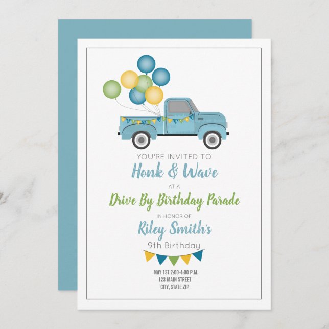 Drive By Birthday Social Distance Blue Truck Invitation (Front/Back)
