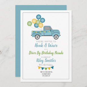 Drive By Birthday Social Distance Blue Truck Invitation