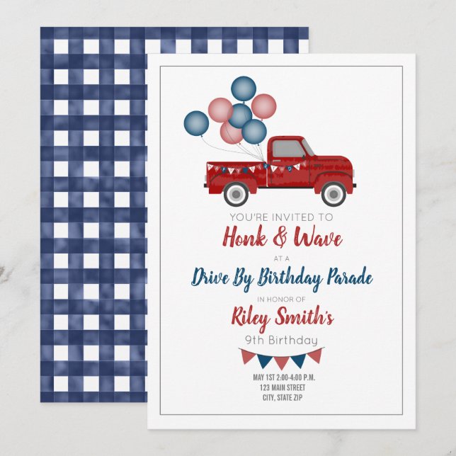Drive By Birthday Social Distancing Party Red Invitation (Front/Back)