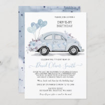 Drive by Birthday Watercolor Floral Blue Car Invitation