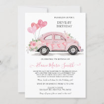 Drive by Birthday Watercolor Floral Pink Car Invitation