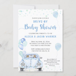 Drive By Blue Car Balloons Baby Shower Invitation