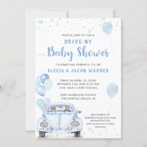 Drive By Blue Car Balloons Baby Shower Invitation
