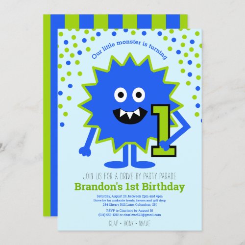 Drive By Blue Cute Little Monster Boy 1st Birthday Invitation