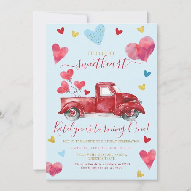 Drive By Blue Valentine Hearts Boy Birthday Invitation (Front)